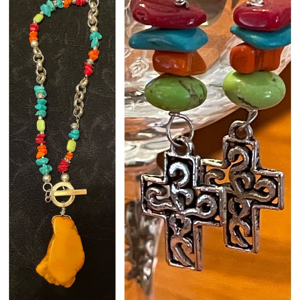 Natural stone multi-colored necklace and earrings